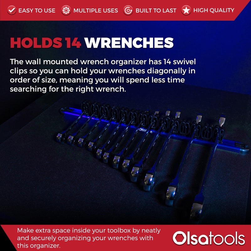 Olsa Tools Wall Mount Wrench Organizer - Rotating Clip Rack for 14 Wrenches - Blue Anodized Aluminum with Black Clips - Space Saving Tool Holder - Professional Grade Storage Solution - Part: 1029 - Image 4